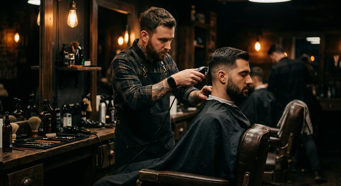Barber aan het werk in de stoel bij warm lamplicht